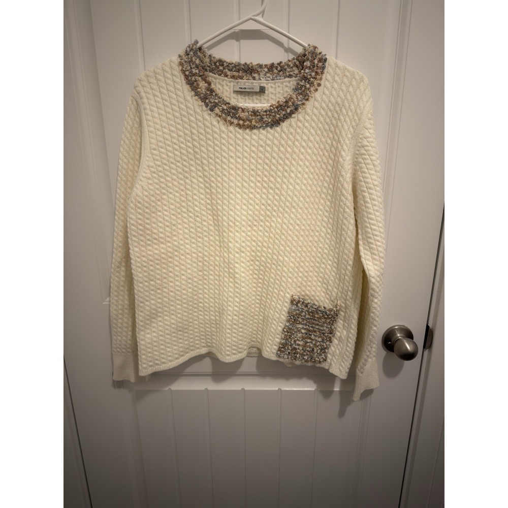 Maude Vivante Womens Cream Diamond Quilted Knit Boucle Trim Pocket Sweater Large